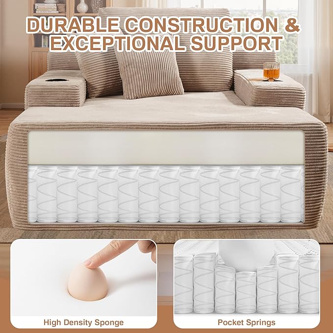 Chaise Lounge Chair Indoor, 67" Oversized Comfy Corduroy Sleeper Sofa Bed with Cup Holders and Wide Armrests, Boneless Upholstered Recliner Bed, Modern Cloud Couch for Living Room, Camel