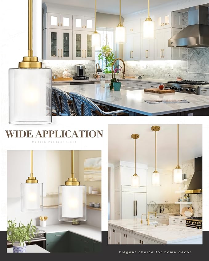 TENGXIN Modern Pendant Light,Brushed Gold Modern Pendant Light for Kitchen Island,Hanging Ceiling Light Fixture,Farmhouse Pendant Lighting for Dining Room Bedroom Bar Office 2Pack,TXPLBG02-2PK