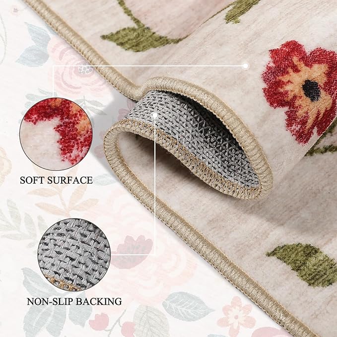 DUKINO 6x9 Area Rug, Floral Rugs for Living Room, Lightweight Non Slip Washable Rug, Indoor Low Pile & Non-Shedding Boho Design Rugs for Bedroom, Living Room, Dining Room, Beige