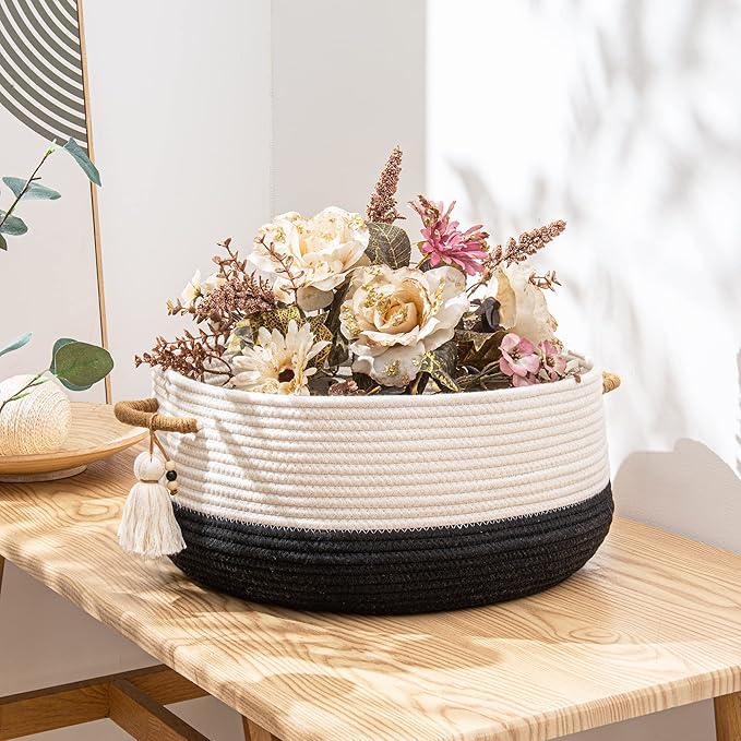 KAKAMAY Woven Baskets for Storage(16"x8"),Blanket Basket for Organizing Living Room,Cotton Rope Basket Woven Baby Laundry Hamper,Collapsible Laundry Room Organization,Clothes,Toy Chest(Black)