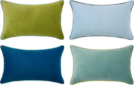 MONDAY MOOSE Decorative Throw Pillow Covers Cushion Cases, Set of 4 Soft Velvet Modern Double-Sided Designs, Mix and Match for Home Decor, Pillow Inserts Not Included (12x20 inch, Green/Blue)