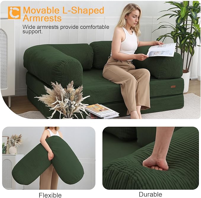 COMAX Futon Sofa Bed, 4-in-1 Floor Foldable Sofa Couch Bed Queen with L-Shaped Armrests, Convertible Folding Chair Bed Sleeper Mattress Fold Out Comfy Lounge for Living Room Bedroom, Green