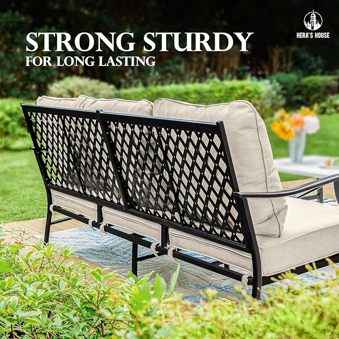 HERA'S HOUSE 6 Piece Patio Furniture Set, 2 x Swivel Chair, 2 x Fixed Chair, 1 x 3-Seat Sofa with Marbling Coffee Table, All Cushioned Outdoor Conversation Set for Lawn Garden Backyard