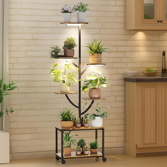 Plant Stand Indoor with Grow Lights, 7-Tiered Large Metal Plant Shelf with Wheels, 60" Tall Plant Stand for Plants Multiple, Large Corner Shelves Metal Display Rack Flower Holder for Living Room, Patio, Balcony