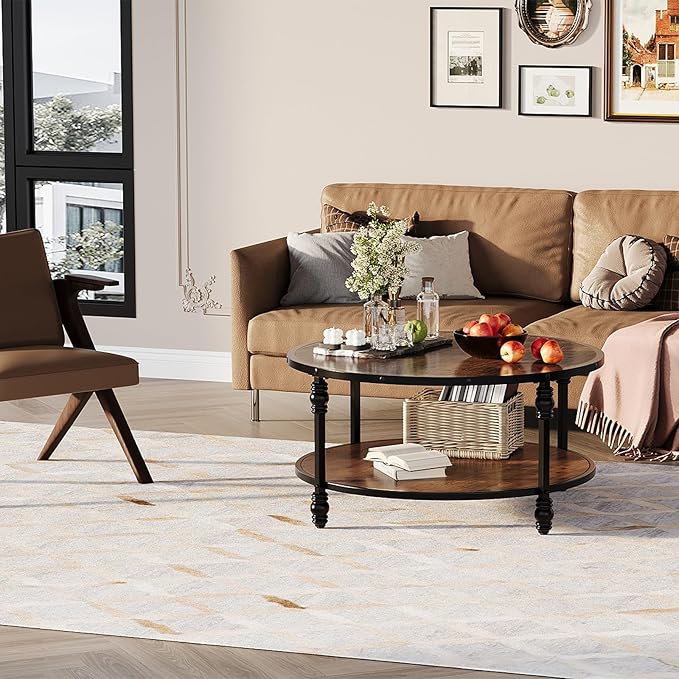 Round Coffee Table, Living Room Center Table with Storage Shelf, Rustic Wood Circle Coffee Table with Sturdy Metal Legs, 2-Tier Vintage Furniture for Living Room, Easy Assembly Accent Cocktail Table