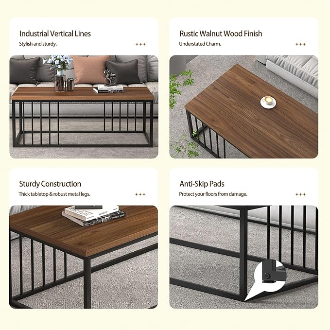 FOLUBAN Coffee Table for Living Room, Modern Wood and Metal Center Table Tea Table for Home Office, Rustic Walnut, 43.3 Inch