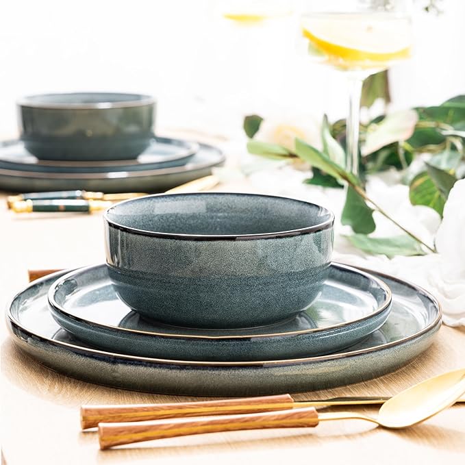 GBHOME Ceramic Dinnerware Sets for 6, 18 Pieces Stoneware Plates and Bowls Sets, Scratch Resistant Dishes, Dishwasher & Microwave Safe, Space Blue