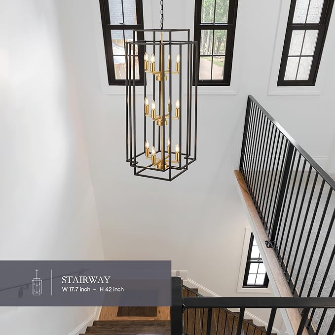 12-Light Lantern Tiered Pendant Light Fixtures, Black Metal Farmhouse Chandelier Hall Foyer Hanging Chandelier for Kitchen Island Dining Room Living Room Foyer Entryway, Black+Gold