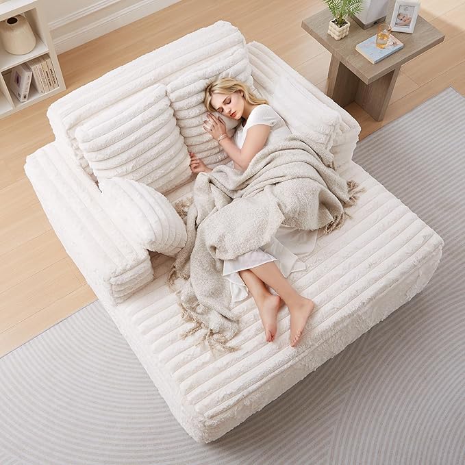 56"W Oversized Chaise Lounge Chair Indoor,Plush Faux Fur Sleeper Sofa Couch Bed with Pillows&Wide Armrest,Fluffy Comfy Cloud Sofa,Compression Foam Boneless Couch for Living Room,Bedroom(Beige)