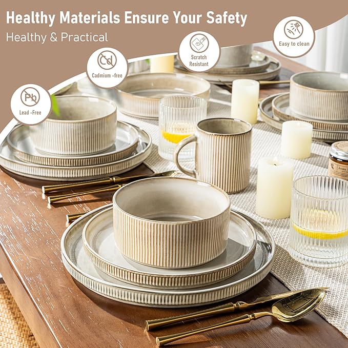 GBHOME Stoneware Dinnerware Sets for 6,Round Reactive Glaze Ceramic Plates and Bowls Set,Highly Scratch Resistant | Dishwasher & Microwave Safe Dishes Set,Service for 6(18Pcs)