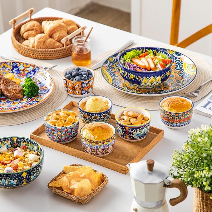 vancasso 6 Oz Ramekins Oven Safe Set of 6, Bohemian Creme Brulee Ramekins, Colorful Souffle Dishes, Pudding Custard Cups for Baking, Small Ceramic Bowls for Dipping Sauce, Ice Cream