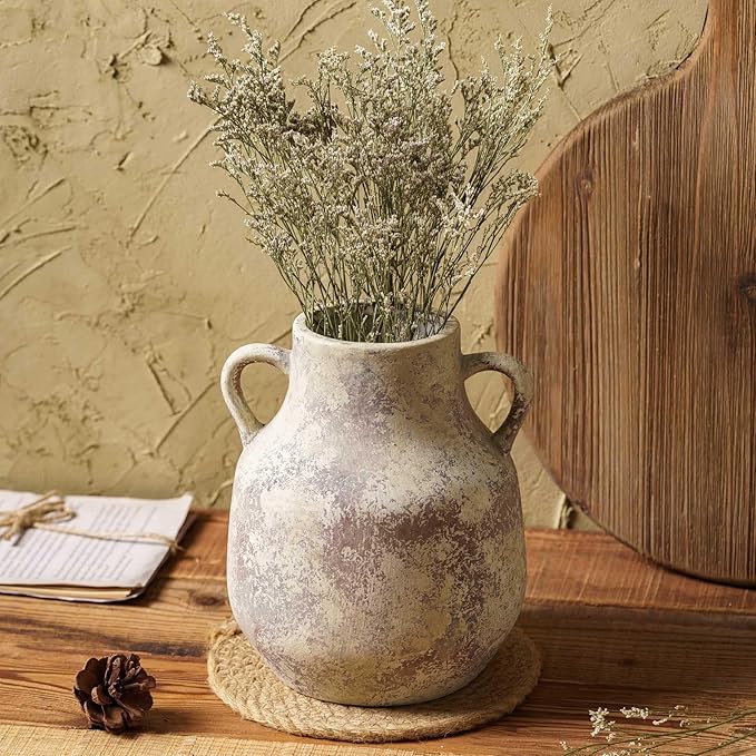 Rustic Ceramic Farmhouse Flower Round Vase with 2 Handles, Vintage Terra Cotta Vases, Decorative Pottery Ceramic Stone Vase for Home Decor, Living Room, Table, Shelf Decor, Mantel, 7.7 Inch
