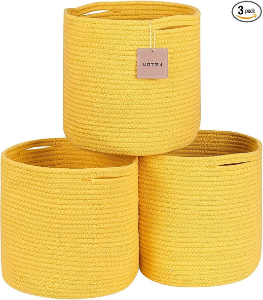 voten Round Storage Cubes Baskets Bins Organizer 11x11x11'' Fit 12x12'' Cube Storage Organizer Bookcases Shelf, Durable Woven Cotton Rope Basket, 3Pack Yellow