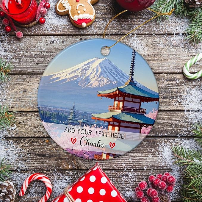 Personalized Text/Name Mount Fuji Ceramic Ornament Christmas 2025, Japanese Trip Souvenir Xmas Tree Hanging Ornament, Mount Fuji Landscape Ornaments, Custom Tokyo City Ornaments Gift for Japan Lovers