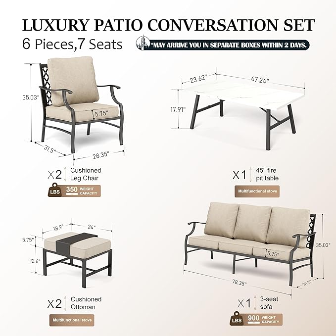HERA'S HOUSE 6 Piece Patio Furniture Set, 2 x Metal Cushioned Chair, 2 x Cushioned Ottoman, 1 x 3-Seat Sofa with Marbling Coffee Table, Outdoor Conversation Set for Lawn Garden Backyard