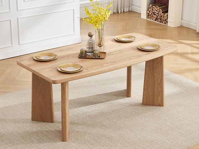 Wooden Dining Table Set of 4, Farmhouse Rectangular Dining Room Table with 4 Upholstered Beige Dining Room Chairs, Natural Frame, Modern Natural Kitchen Table and Linen Chairs Set for Home