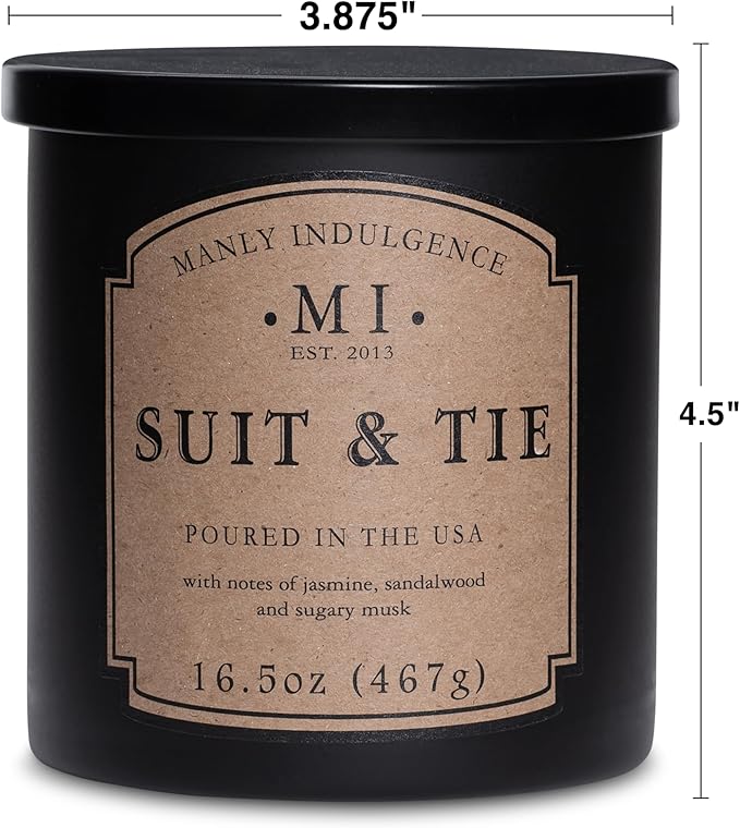 Manly Indulgence Suit & Tie Scented Candles for Men, 16.5 oz Single Wick, Premium Soy Blend Wax, 60H Burn, Candles for Home Scented – Made in The USA