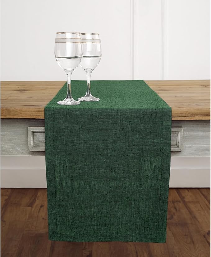 Solino Home Linen Table Runner 132 Inches Long - Athena, 100% Pure Linen Forest Green 14 x 132 Inch Table Runner for Dining, Fall, Autumn, Thanksgiving, Christmas