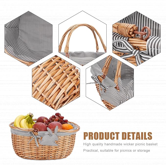 G GOOD GAIN Oval Picnic Basket with Folding Handles, Willow Hand Woven Shopping Basket, Bath Toy Kids Toy Storage Gift Packing Basket, Wicker Empty Easter Eggs and Candy Small Gift Basket. Grey