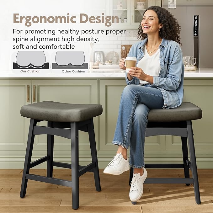 MAISON ARTS Grey Counter Height Bar Stools Set of 2 for Kitchen Counter Solid Wood Legs with Faux Leather Saddle Seat Farmhouse Barstools for 34"-38" Counter Island Upholstered Stools, 24in Height