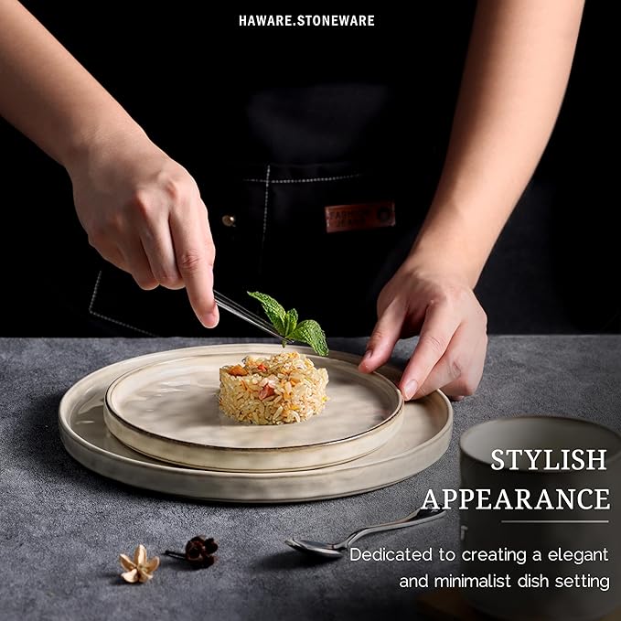 HaWare Dinnerware Sets, 16-Piece Stoneware Plates and Bowls Set, Dish Set for 4, Elegant Ceramic Dishware for Home Restaurant, Chip and Scratch Resistant, Microwave and Dishwasher Safe, Saturn Khaki