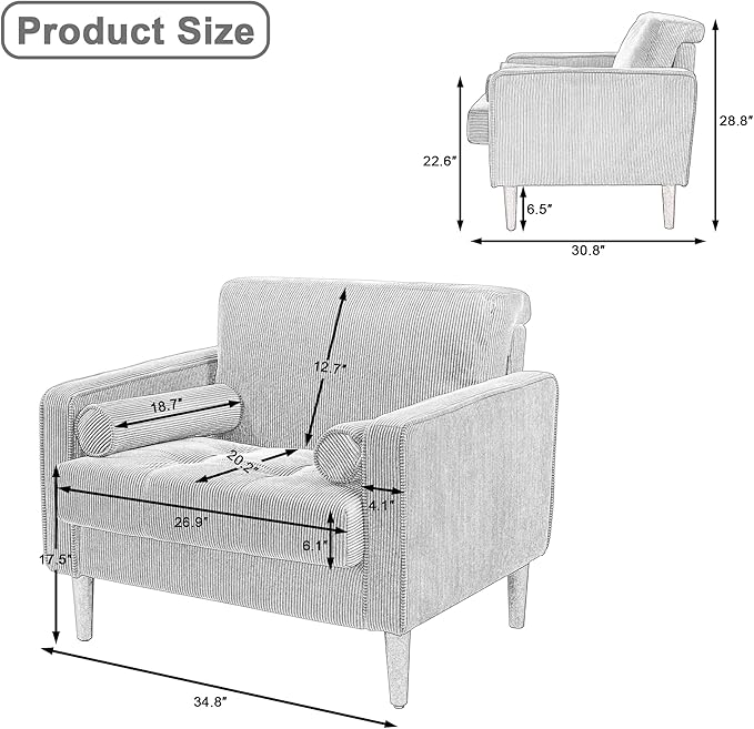 UIXE Accent Chair, Corduroy Upholstered Arm Chairs for Living Room, Comfy Armchair Mid-Century Track Armrest Single Sofa Bedroom Reading Seat with 2 Bolster Pillows - Light Gray, Set of 1