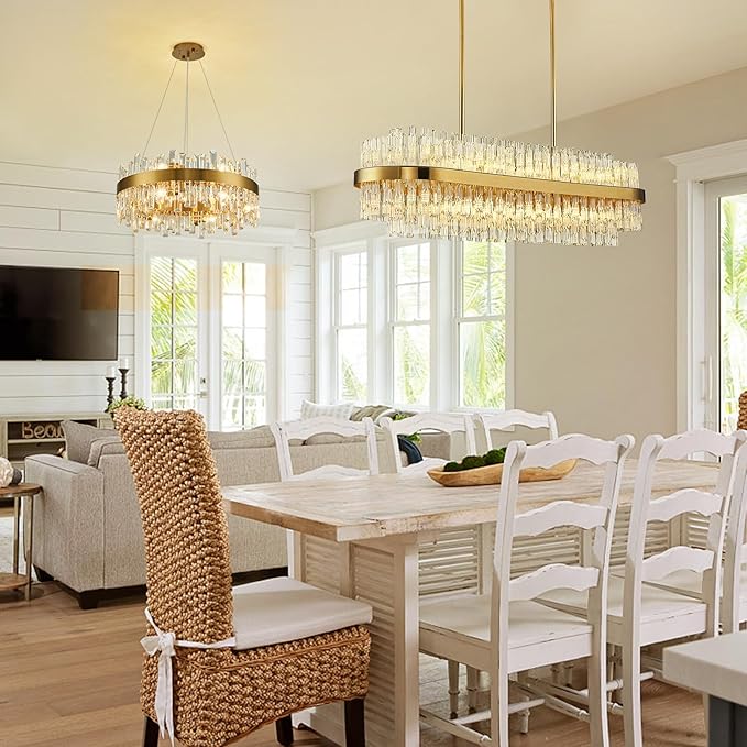 Siljoy Modern Crystal Chandelier 20 Lights Gold Rectangle 2 Tiers Raindrop Chandelier Luxury Adjustable Flush Mount Oval Pendant Ceiling Light Fixture for Dining Living Room Kitchen Island L40 Inch