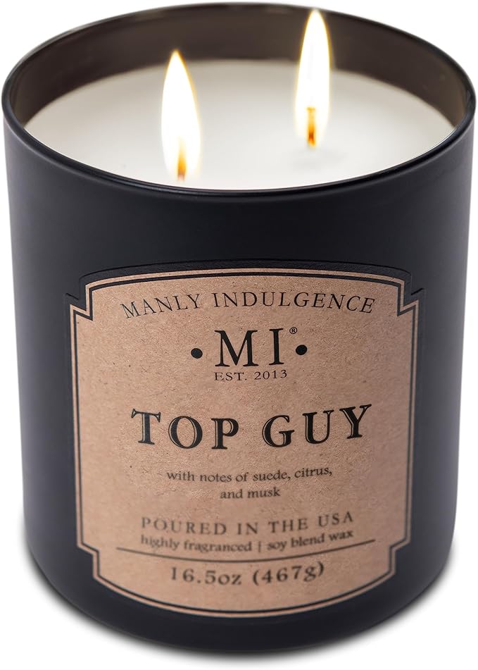 Manly Indulgence Top Guy Scented Candles for Men, 2 Wick, 16.5 oz, Premium Soy Blend Wax, 60H Burn, Candles for Home Scented - Made in The USA