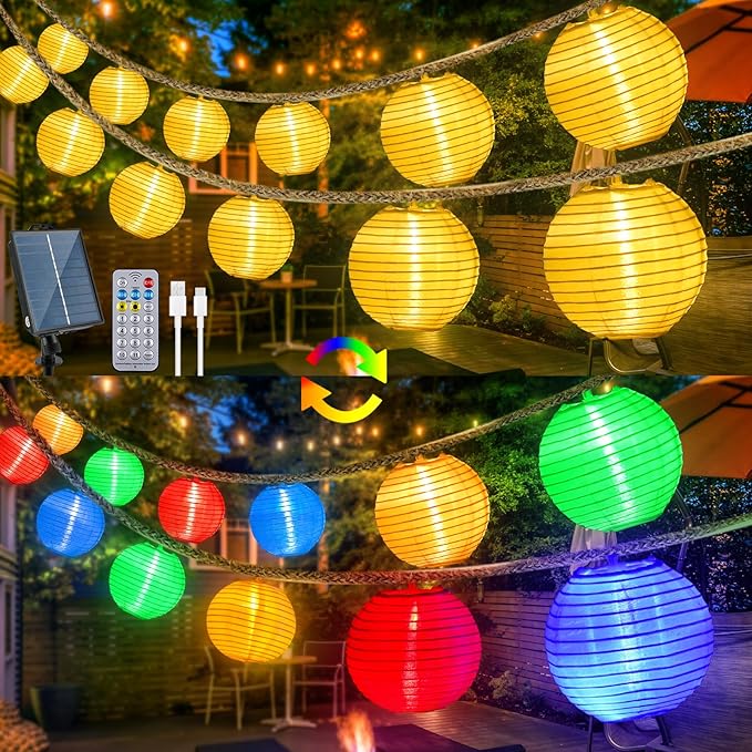 Solar Lantern String Lights Waterproof Outdoor, 40ft 40Led Warm White & Multi-Color Garden Lights Hanging Hemp Rope Nylon Lanterns with Remote, Timer for Yard, Balcony, Fences, Porch, Patio, Party