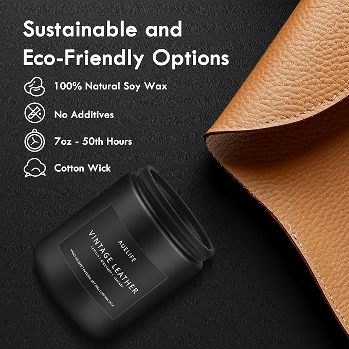 Vintage Leather Candle | Men Candles, Soy Candle for Home Scented - Man Scented Candles for Home, Men Gifts for Him - 7oz Black Jar Gifts for Friends