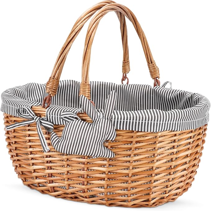 G GOOD GAIN Oval Picnic Basket with Folding Handles, Willow Hand Woven Shopping Basket, Bath Toy Kids Toy Storage Gift Packing Basket, Wicker Empty Easter Eggs and Candy Small Gift Basket. Grey