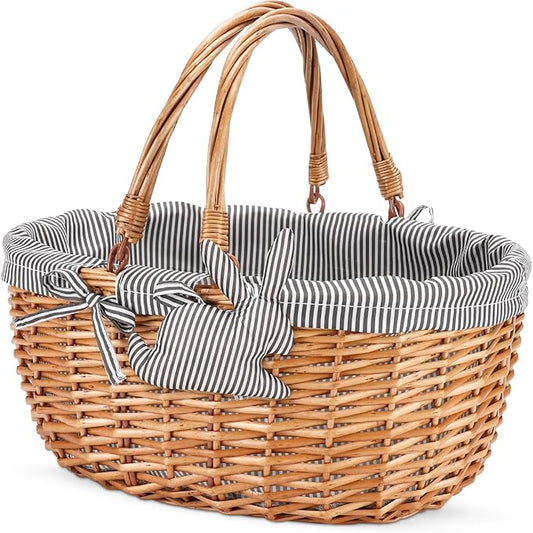 G GOOD GAIN Oval Picnic Basket with Folding Handles, Willow Hand Woven Shopping Basket, Bath Toy Kids Toy Storage Gift Packing Basket, Wicker Empty Easter Eggs and Candy Small Gift Basket. Grey