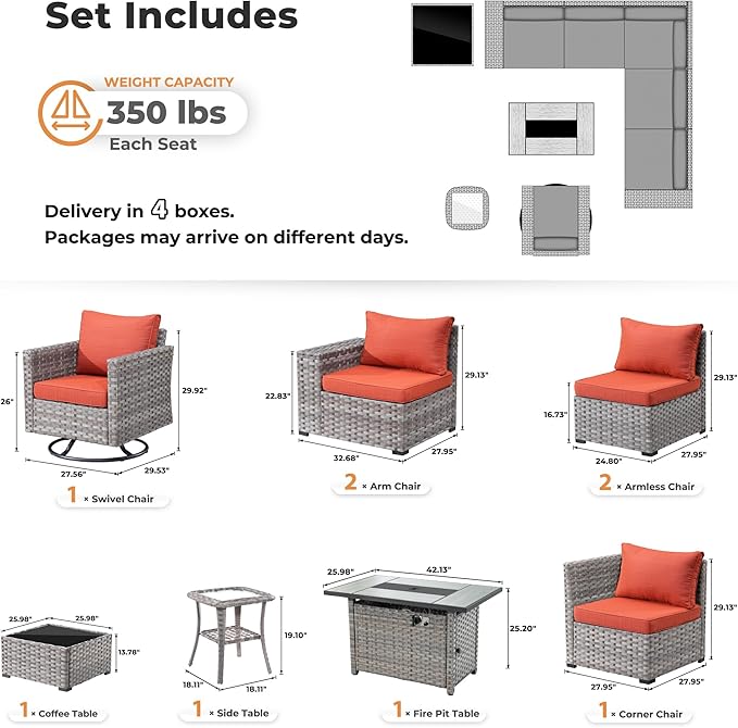 ovios 9 Pieces Patio Furniture Set, Outdoor Wicker Sectional Sofa with 42" Fire Pit Table Swivel Chair, Modern Modular Deep Seat Rattan Couch Conversation Sets, Orange Red