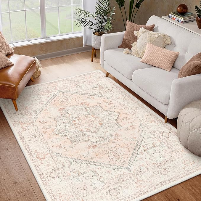 LIVEBOX Pink Area Rug 5x7 - Soft Rugs for Bedroom, Non-Slip Pink Rugs for Bedroom Girls, Vintage Washable Cute Aesthetic Rug for Nursery Dining Room, Retro Print Distressed Accent Carpet for Apartment