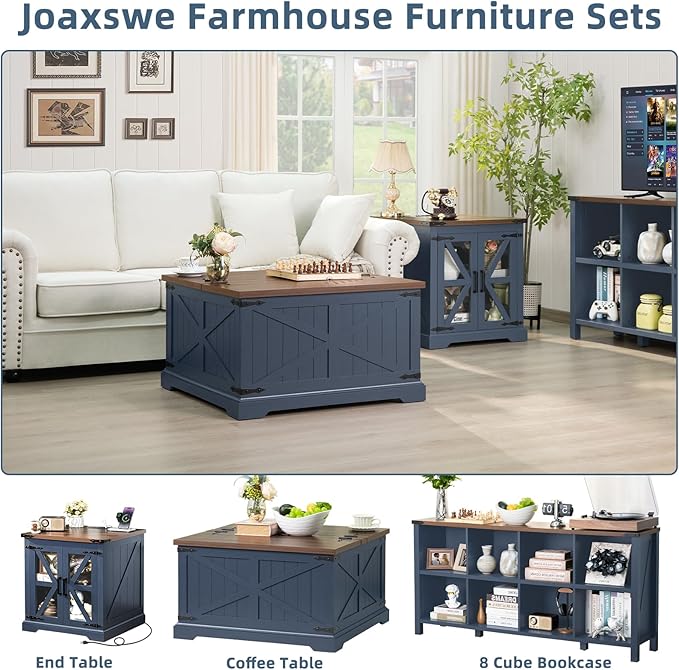 Farmhouse Coffee Table with Large Hidden Storage Compartment, Navy Blue Square Center Table, Wood Rustic Low Modern Living Room Tables with Hinged Lift Brown Top & Wooden Arc Base