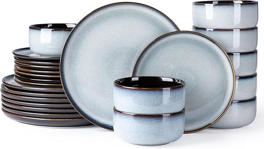 LERATIO Ceramic Dinnerware Sets for 8,Plates and Bowls Sets,Reactive Glaze Dishes Set,Highly Chip and Crack Resistant | Dishwasher & Microwave & Oven Safe Dishes set,Service for 8-Gray White(24pcs)
