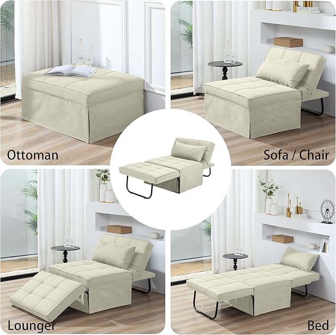 BIGSYY Sofa Bed, 4 in 1 Multi-Function Folding Ottoman Breathable Linen Couch Bed with Adjustable Backrest Modern Convertible Chair for Living Room Apartment Office, White