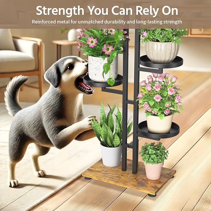 LASZOLA Black 4 Tiered Plant Stand Indoors Heavy Duty Metal Rack, Sturdy Multi Level Shleving Hold Flowers, Larger House Decorate Ladder for Planting Inside Tree Herb Cactus, Wooden Base, Space Saving