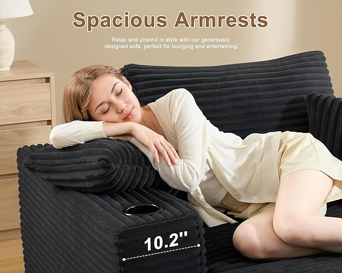 62" Oversized Chaise Lounge Chair Indoor, Fluffy Corduroy Upholstered Boneless Couch, Convertible Sleeper Sofa Bed & Reading Chair, Cloud Sofa Couches for Living Room, No Assembly, Black