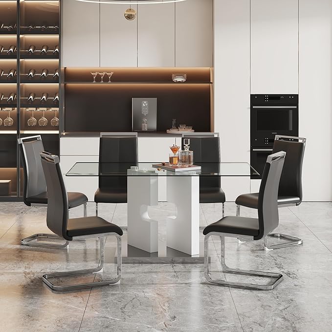 Glass Dining Table Set of 6, 63" Dinner Room Glass Table Set for 6, Modern Kitchen Dinner Table Set with 6 Upholstered Faux Leather Dining Chairs for Living Dining Office Room