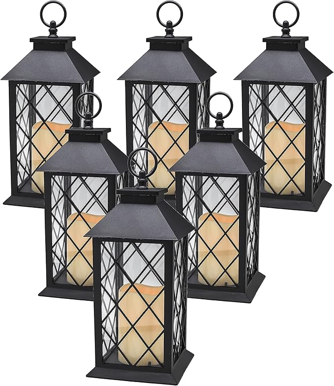 YAKii 13" Decorative Candle Lantern with LED Flameless Candle and Timer, Plastic LED Candle & Holder, Indoor & Outdoor Hanging Lights Thanksgiving &Christmas Day Decorations, Pack of 6 (Black)