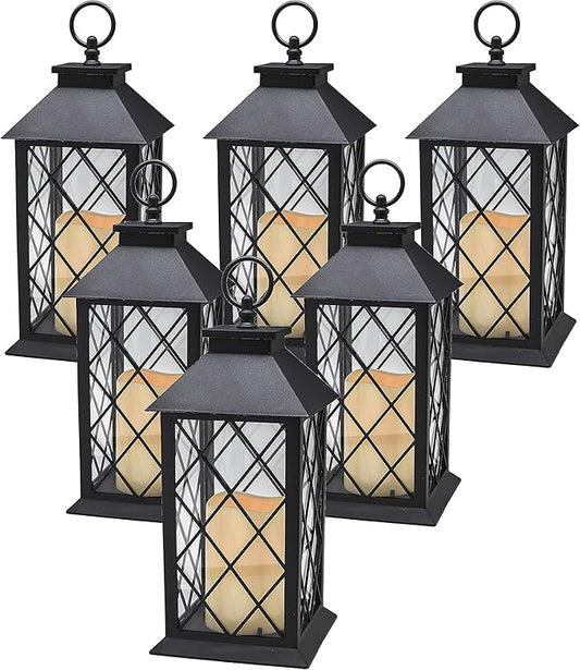 YAKii 13" Decorative Candle Lantern with LED Flameless Candle and Timer, Plastic LED Candle & Holder, Indoor & Outdoor Hanging Lights Thanksgiving &Christmas Day Decorations, Pack of 6 (Black)