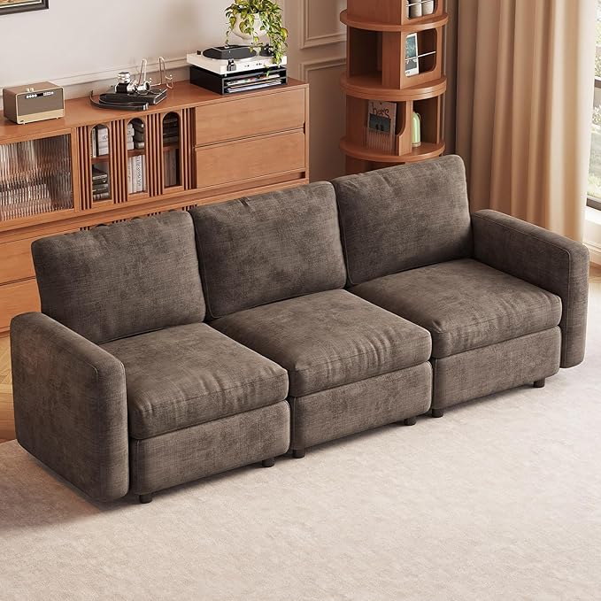 3-Seat Modular Sofa Couch with Ergonomic Cushions, Convertible Sleeper Loveseat for Living Room Bedroom Apartment, Brown Cloud Futon Lounge Sectional Furniture Set