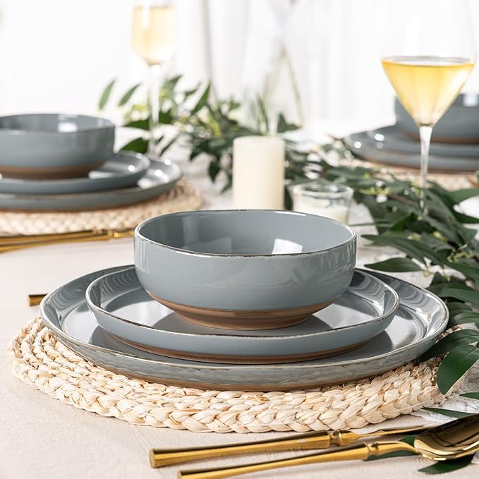 AmorArc Ceramic Dinnerware Sets for 4, 12 Pieces Handpainted Plates and Bowls Set with Rustic Terracotta Underside, Scratch Resistant Stoneware Dishes Set, Dishwasher & Microwave Safe