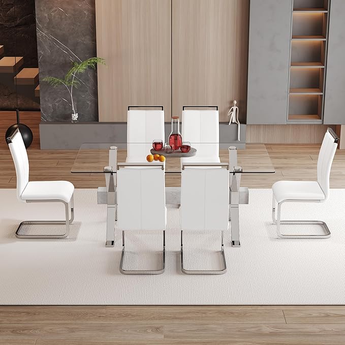 7 Piece Glass Dining Table Set, Kitchen Table Chairs Set for 6, 71'' Dining Table with 0.4" Tempered Glass Tabletop with Plated Metal Legs and MDF Crossbar, 6 PU Chairs for Dining Room, Kitchen.