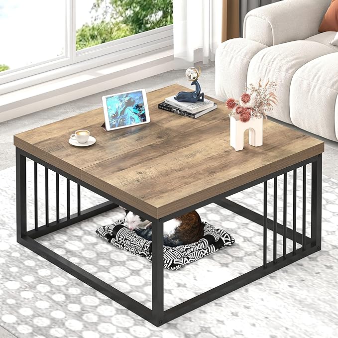 FOLUBAN Coffee Table, Modern Square Center Table for Living Room, Industrial Rustic Wood and Metal Cocktail Tea Table, 31.5 Inch, Oak