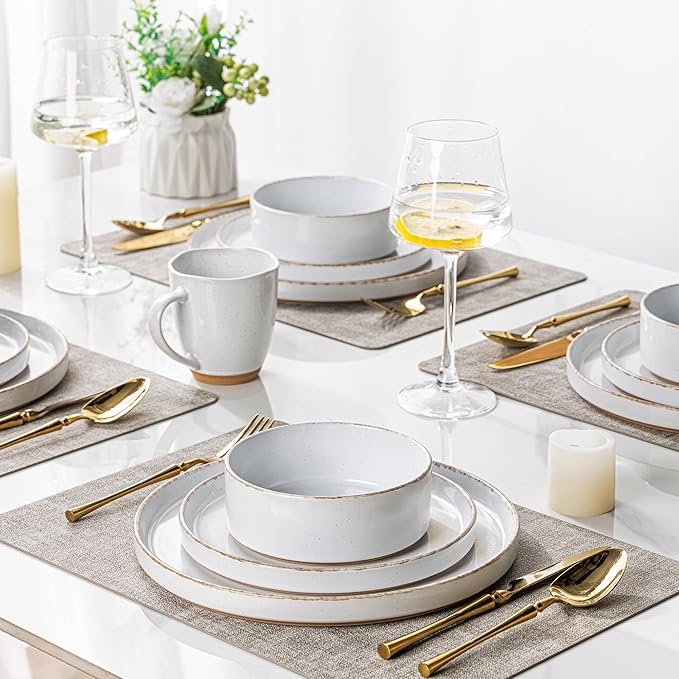 AmorArc Ceramic Dinnerware Sets for 4, 12 Pieces Handpainted Plates and Bowls Set with Rustic Terracotta Underside, Scratch Resistant Stoneware Dishes Set, Dishwasher & Microwave Safe