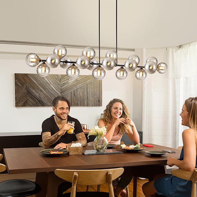 Linear Chandeliers for Dining Room, Glass Globe Sputnik Linear Chandelier Black with 22 Lights Smoky Gray Lampshade, Hanging Island Pendant Light for Kitchen, Oval Table, Farmhouse, Dia 70 Inch