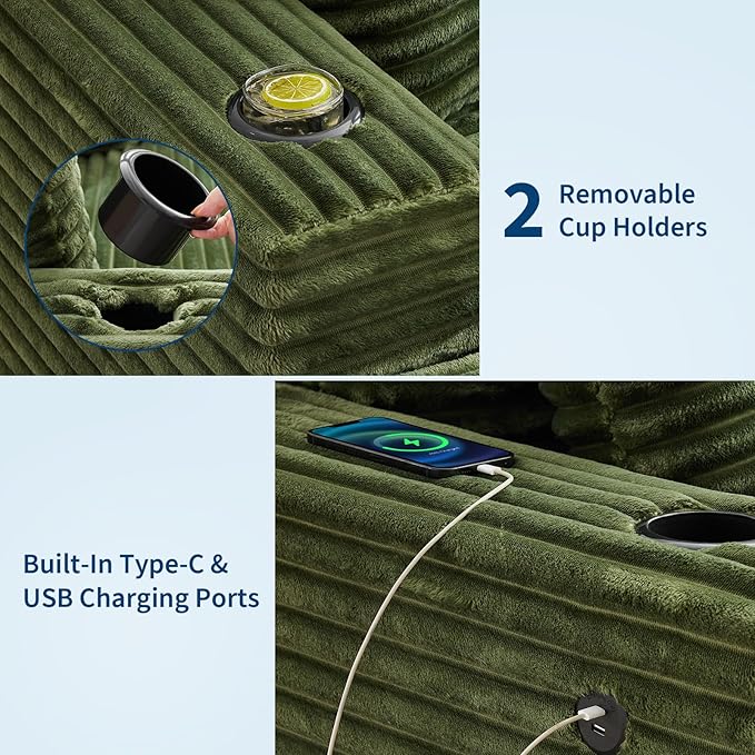 GarveeHome Oversized Chaise Lounge Chair Indoor, 56x60 Inch Comfortable Corduroy Lounge Sofa with Charging Ports & Cup Holders, Cozy Reading Couch for Bedroom Living Room Apartment, Green