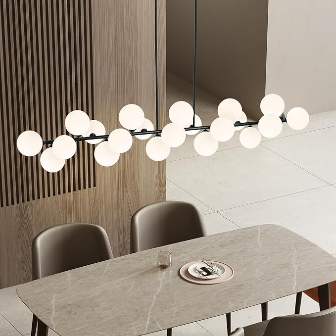 Modern Linear Chandelier for Dining Room Sputnik Chandelier with 22 Lights White Glass Globe Shades Hanging Pendant Channdelier Light for Kitchen Living Room Farmhouse, Lenght 70 Inch